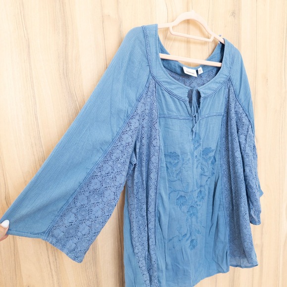 Womens Embroidered Lace Blouse Sz 3X Blue 3/4 Sleeve Boho Cottage Lightweight - Picture 3 of 7